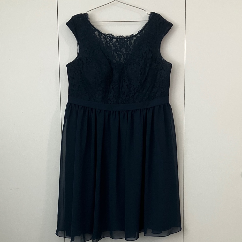 Azazie Navy Lace V-Neck Cap Sleeve A-Line Wedding Dress